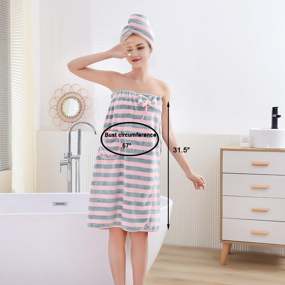 Towel Wrap for Women with Hair Towel, Adjustable Plush Absorbent Shower Spa Bath Wrap + Hair Drying Towel Sets (Grey/Pink, Medium)