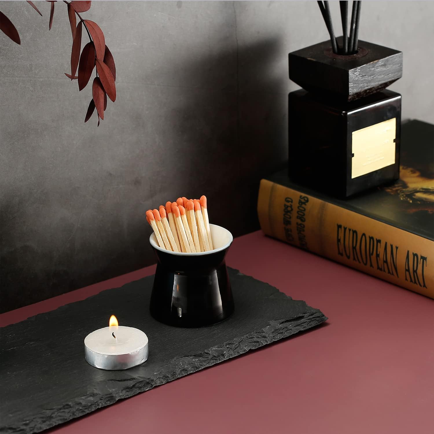 2 Pack Match Holder with 6 Pcs Strikers, Handmade Ceramic Match Box for All Matches, Cute Home Decor Match Jar with Striker for Candle, Fireplace, Parlor. (Sold Without Matches) (Black)