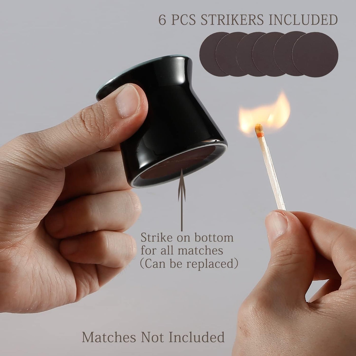 2 Pack Match Holder with 6 Pcs Strikers, Handmade Ceramic Match Box for All Matches, Cute Home Decor Match Jar with Striker for Candle, Fireplace, Parlor. (Sold Without Matches) (Black)