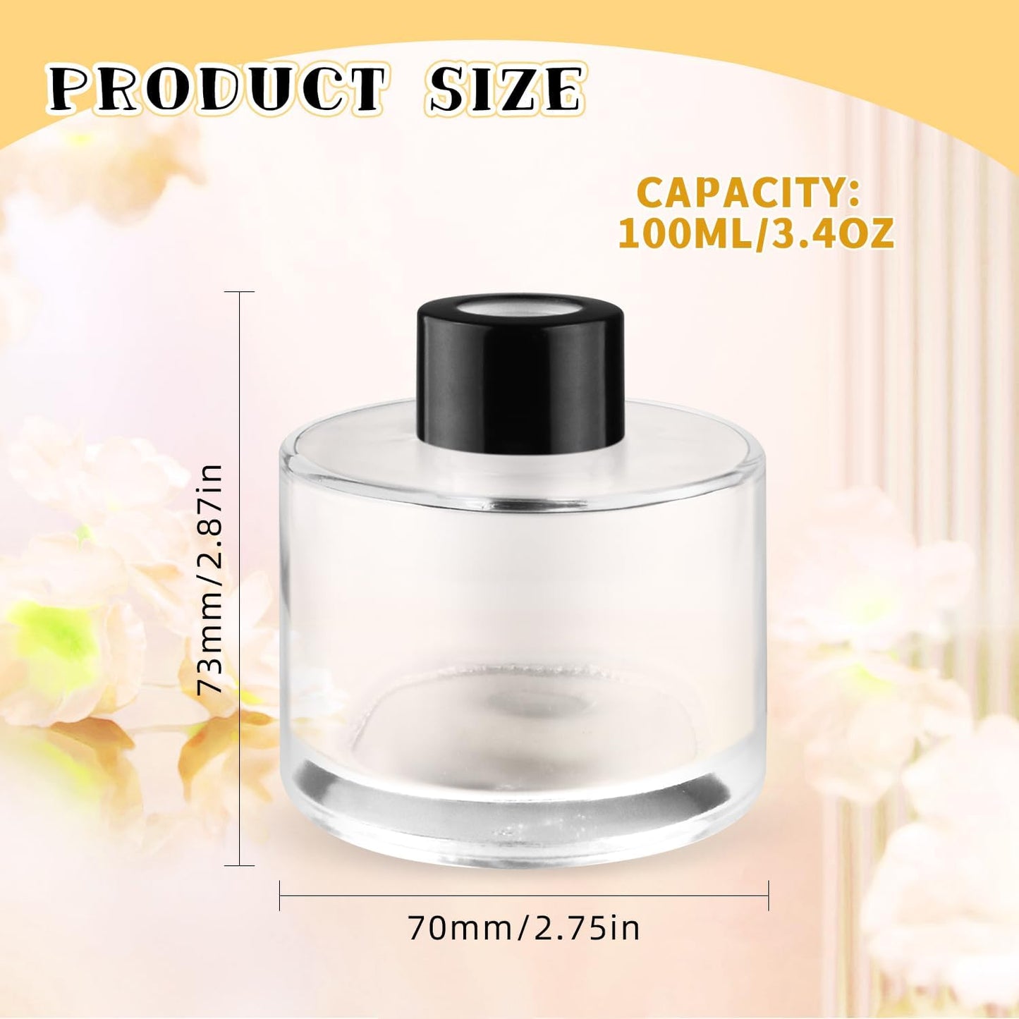 6 Pcs Glass Diffuser Clear Refillable Round Glass Diffuser with Black Lids for Aromatherapy Fragrance DIY Replacement Essential Oils Crafts - 100ml/3.4oz