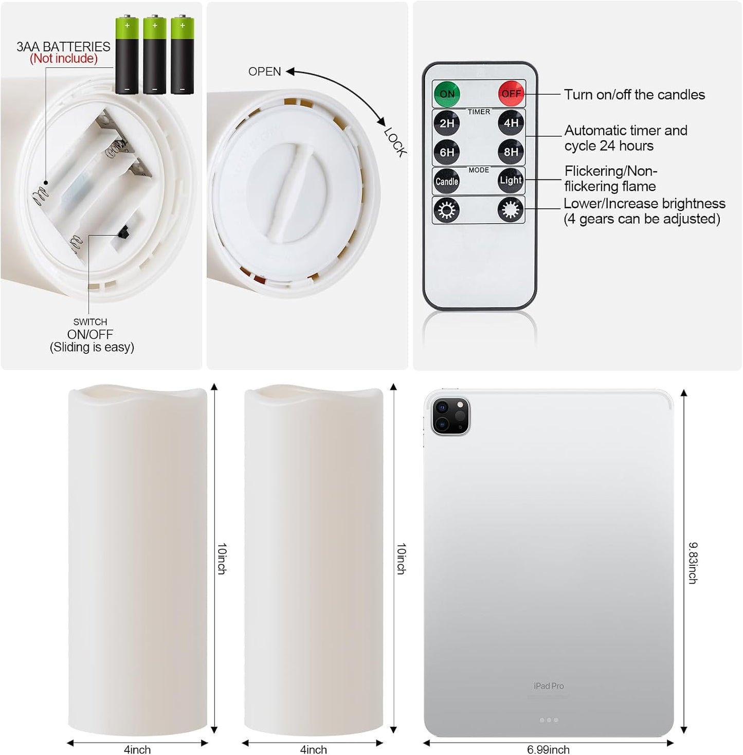 Amagic 2 Pack 10" x 4" Outdoor Plastic Electric flameless Candles with Remote Control and Timer, Battery Operated Flickering LED Pillar Fake Candle for Home, Wedding Decor, Ivory