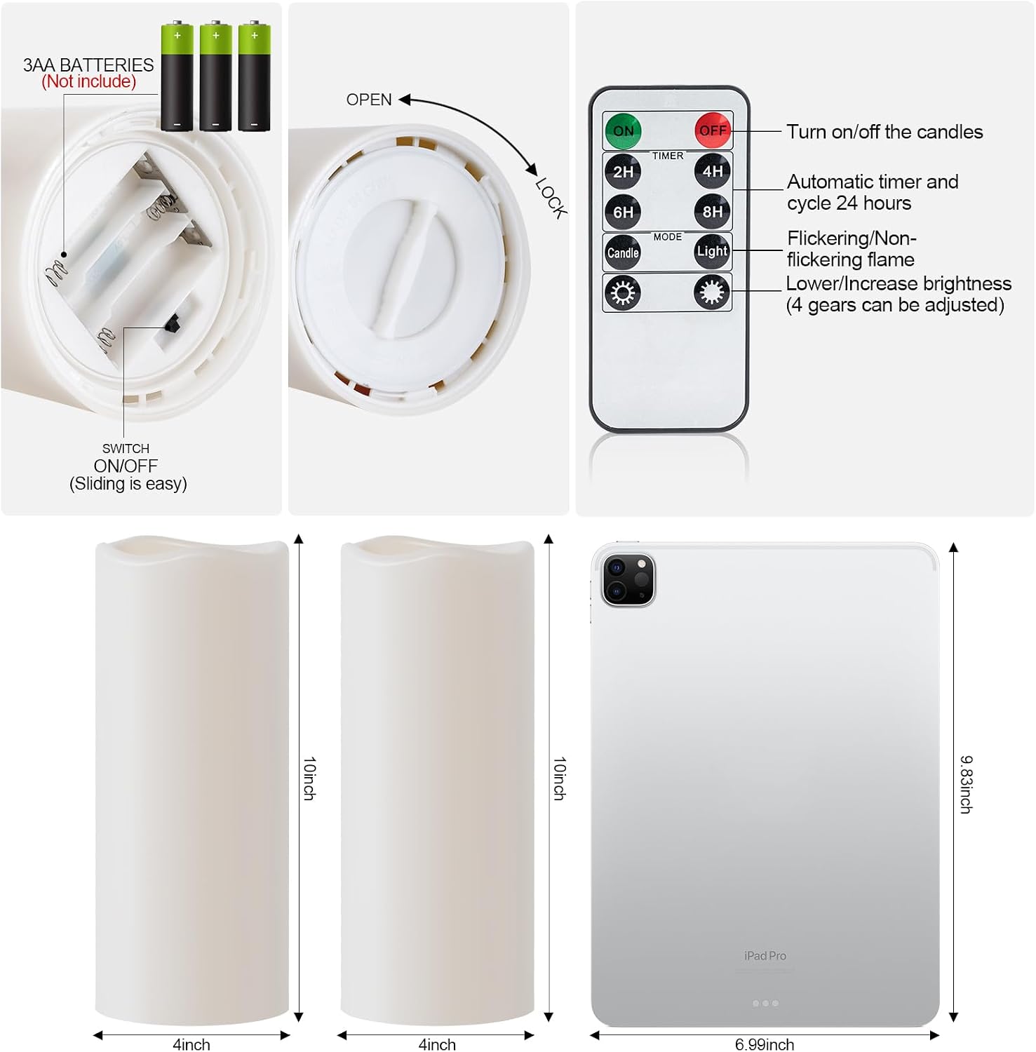 Amagic 2 Pack 10" x 4" Outdoor Plastic Electric flameless Candles with Remote Control and Timer, Battery Operated Flickering LED Pillar Fake Candle for Home, Wedding Decor, Ivory