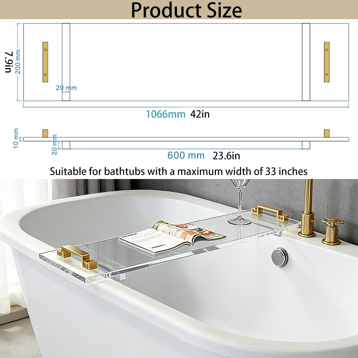 42 Inch Acrylic Bathtub Tray Caddy, Clear Thick Lucite Bath Tub Shelf with Gold Anti-Slip Support Brackets, Luxury Bathroom Spa Bathtub Organizer Tray