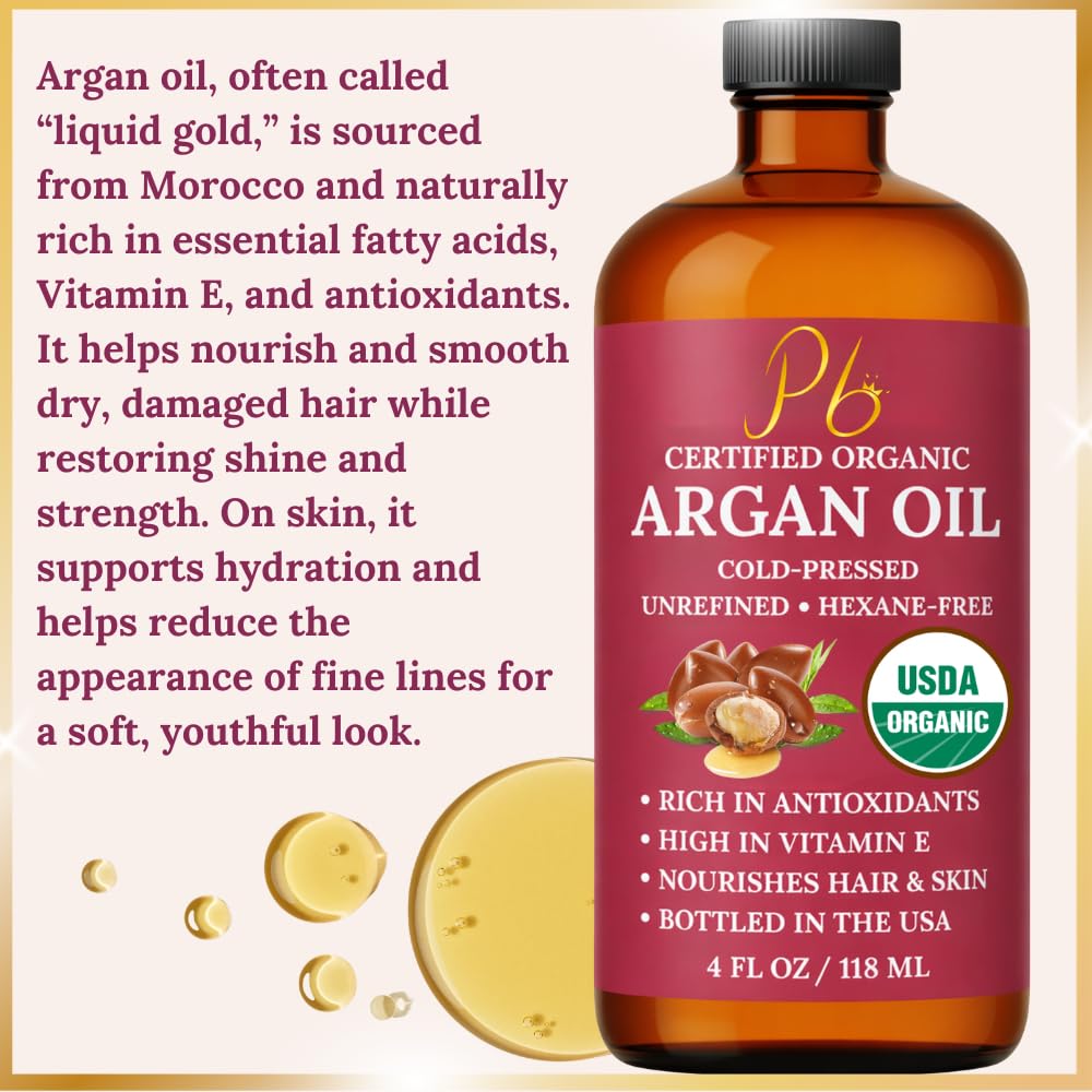 Argan Oil – 100% Pure, Cold-Pressed & Unrefined USDA Organic Moroccan Argan Oil for Hair, Face & Skin, Organic Argan Oil Hair Treatment for Dry, Damaged Hair- 4 Fl Oz Glass Bottle with Dropper