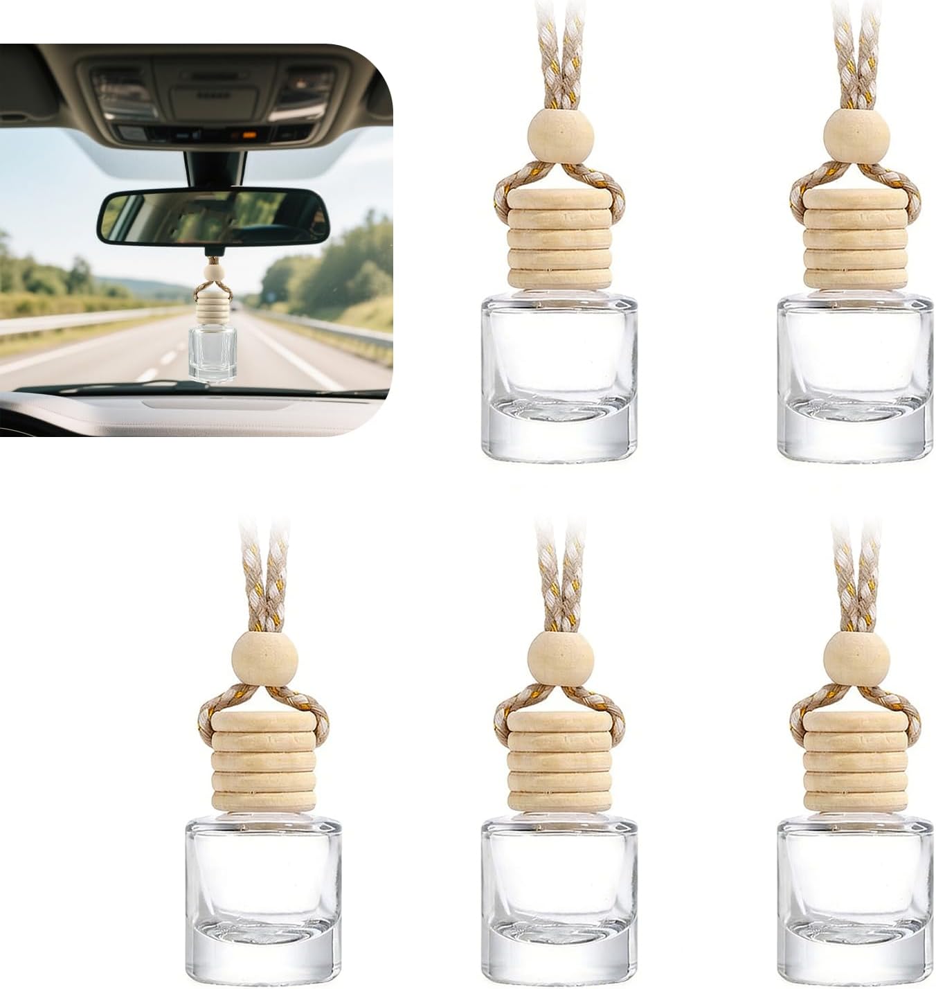 5 PCS Car Diffuser Air Freshener Bottles with Hanging Rope, 8 ML Refillable Empty Glass Essential Oil Diffuser Vent Clip & Wooden Caps Sticks, Universal Aromatherapy Diffusers for Most Cars