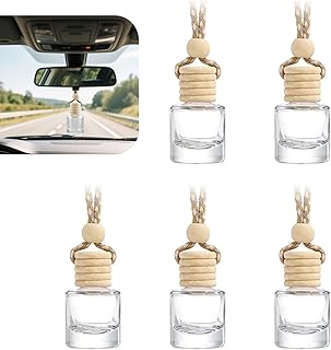 5 PCS Car Diffuser Air Freshener Bottles with Hanging Rope, 8 ML Refillable Empty Glass Essential Oil Diffuser Vent Clip & Wooden Caps Sticks, Universal Aromatherapy Diffusers for Most Cars