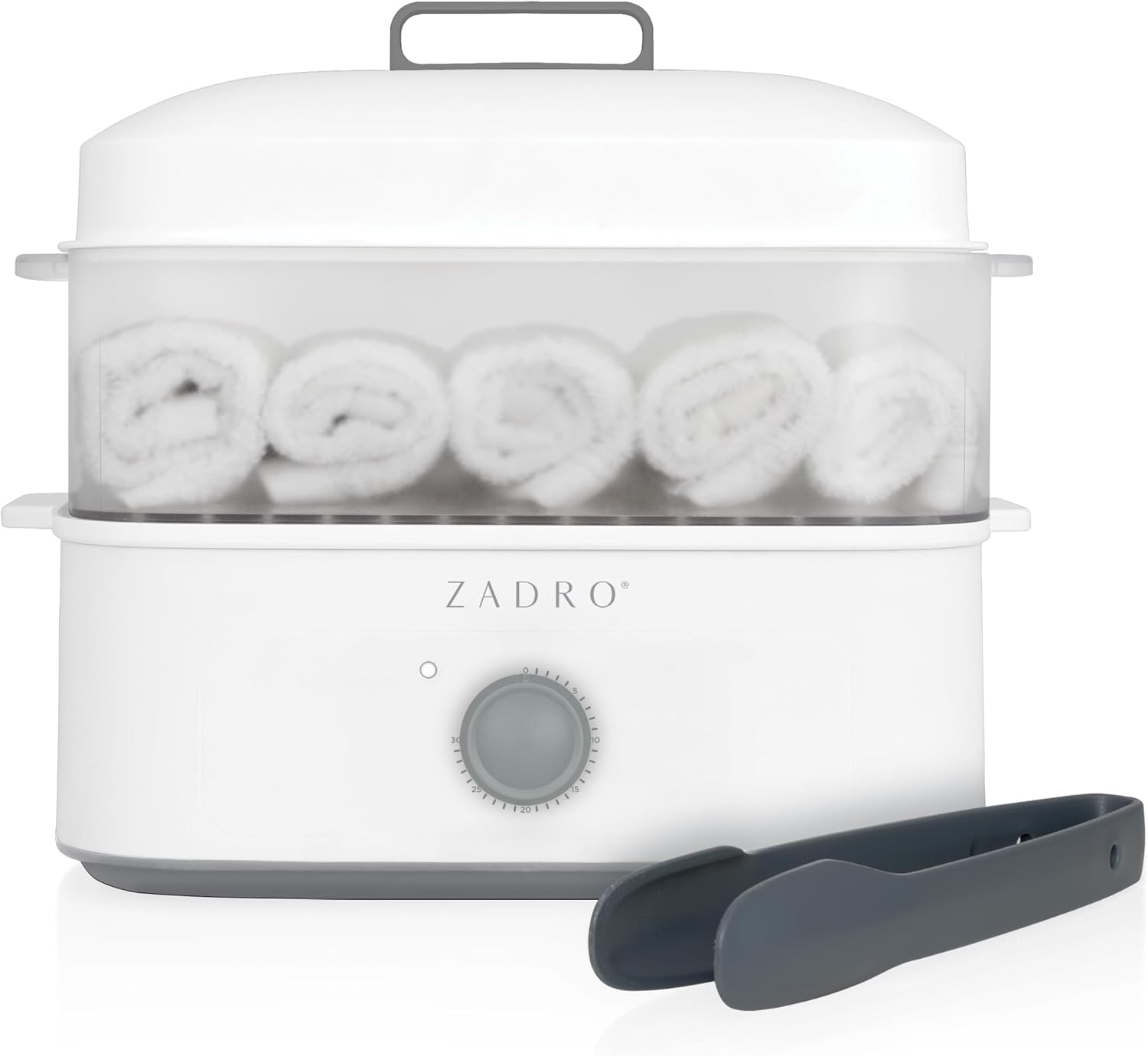 Zadro Towel Steamer with Tongs, 850W Heater, 8L Tray, 1.7L Tank, 30-min Timer for Facials, Manicures, Pedicures, Shaving (13"x12", 120V/850W, 8L, White/Gray)