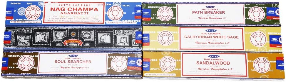 Satya - Set of 6 - Nag Champa, Super Hit,Path Breaker,Soul Searcher, Sandalwood, Californian White Sage 15 Grams
