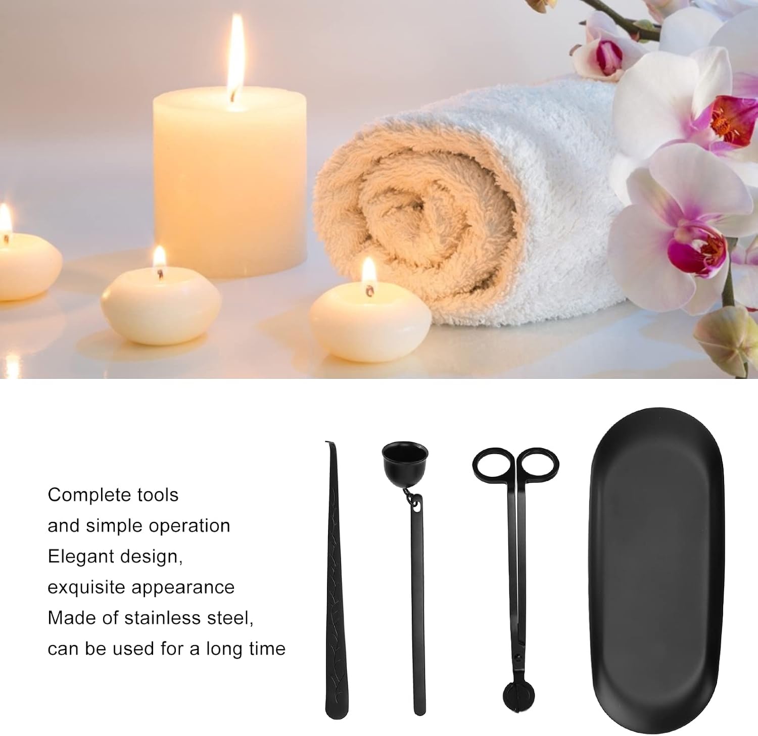 Wick Cutter, Black Stainless Steel Candle Accessories with Wick Hook Extinguisher Tray Storage Bag Candle Care Kit Candle Extinguisher for Candle Lovers Gift