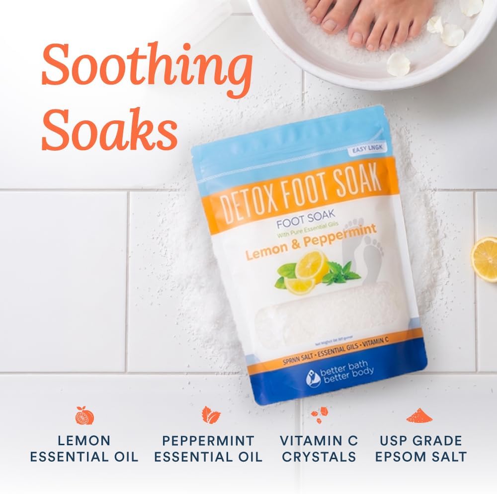 Detox Foot Soak Salts 32 Ounces with Lemon, Peppermint, Lavender Frankincense Essential Oils BPA Free Pouch with Easy Press-Lock Seal Soothe Athletes Foot, Soften Calluses, Relax Tired Feet