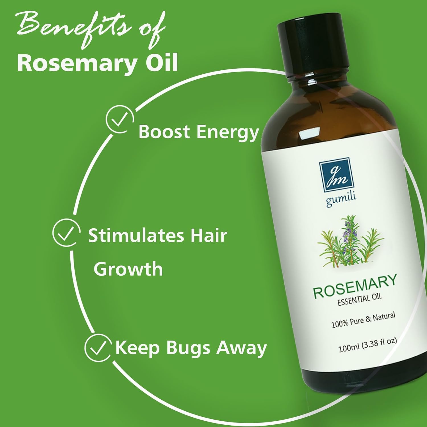 GM Gumili Rosemary Essential Oil, Pure Undiluted Rosemary Oil for Hair Growth, Diffuser, Skin, Spray - 100ml