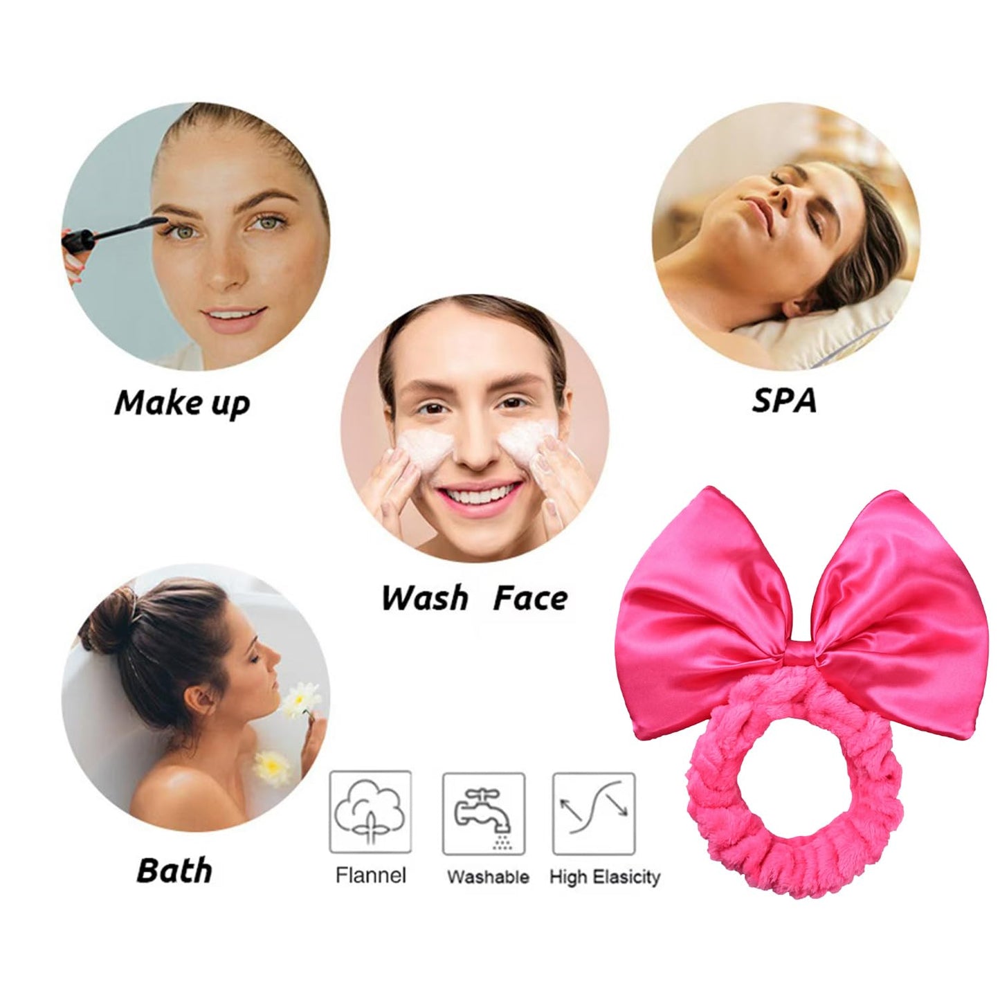 Large Satin Bow Facial Spa Headband, Facial Making Up Shower Skincare Hairband, Wash Face Headwrap for Women Girls