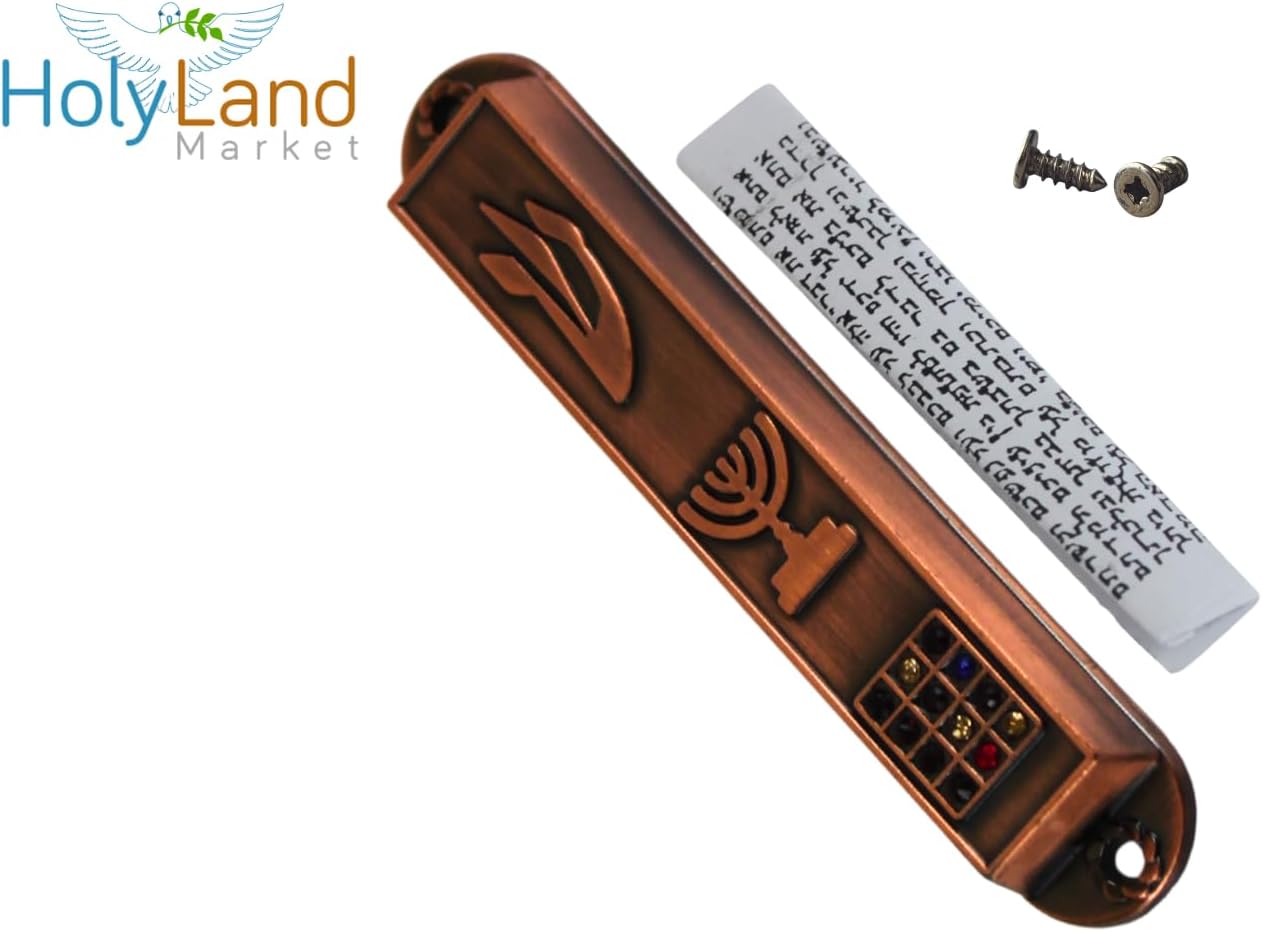 Holy Land Market A Set of 5 Clean and Smooth Cut Mezuzahs Symbols with Different enameled Themes. Each is About 3.5 Inches and Comes with Scrolls and Screws for Hanging (Copper)