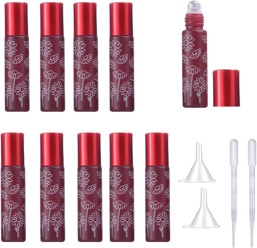10 Pcs Red Glass Essential Oil Roller Bottles,10ml Empty Refillable Roll on Bottles,Glass Travel Roller Bottles with Stainless Steel Roller Balls for Essential Oil,Perfume,Aromatherapy,Lip Balms