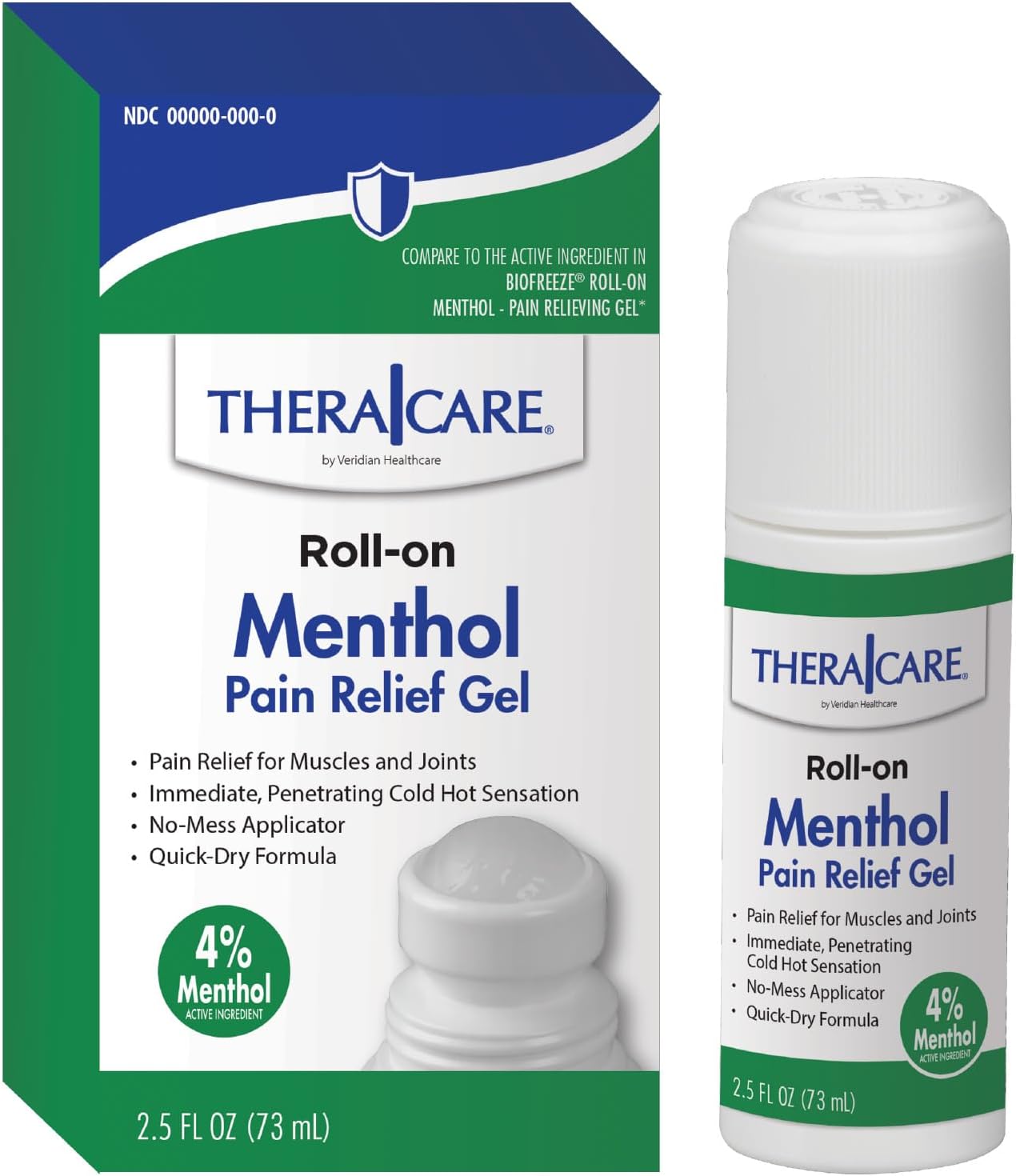 TheraCare 4% Menthol Roll-On | Cold Hot Sensation | Pain Relief Gel | 2.5 oz. 73 mL | Non-Greasy Formula | Immediate Penetrating Action | Topical Analgesic