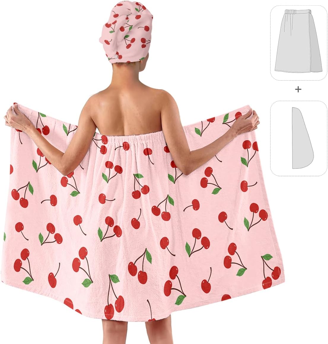 Women's Cherry Print Towel Wrap and Hair Drying Cap Set – Cute Pink Microfiber Shower Wrap with Adjustable Closure – Quick Dry Spa, Dorm, Beach Gift for Her