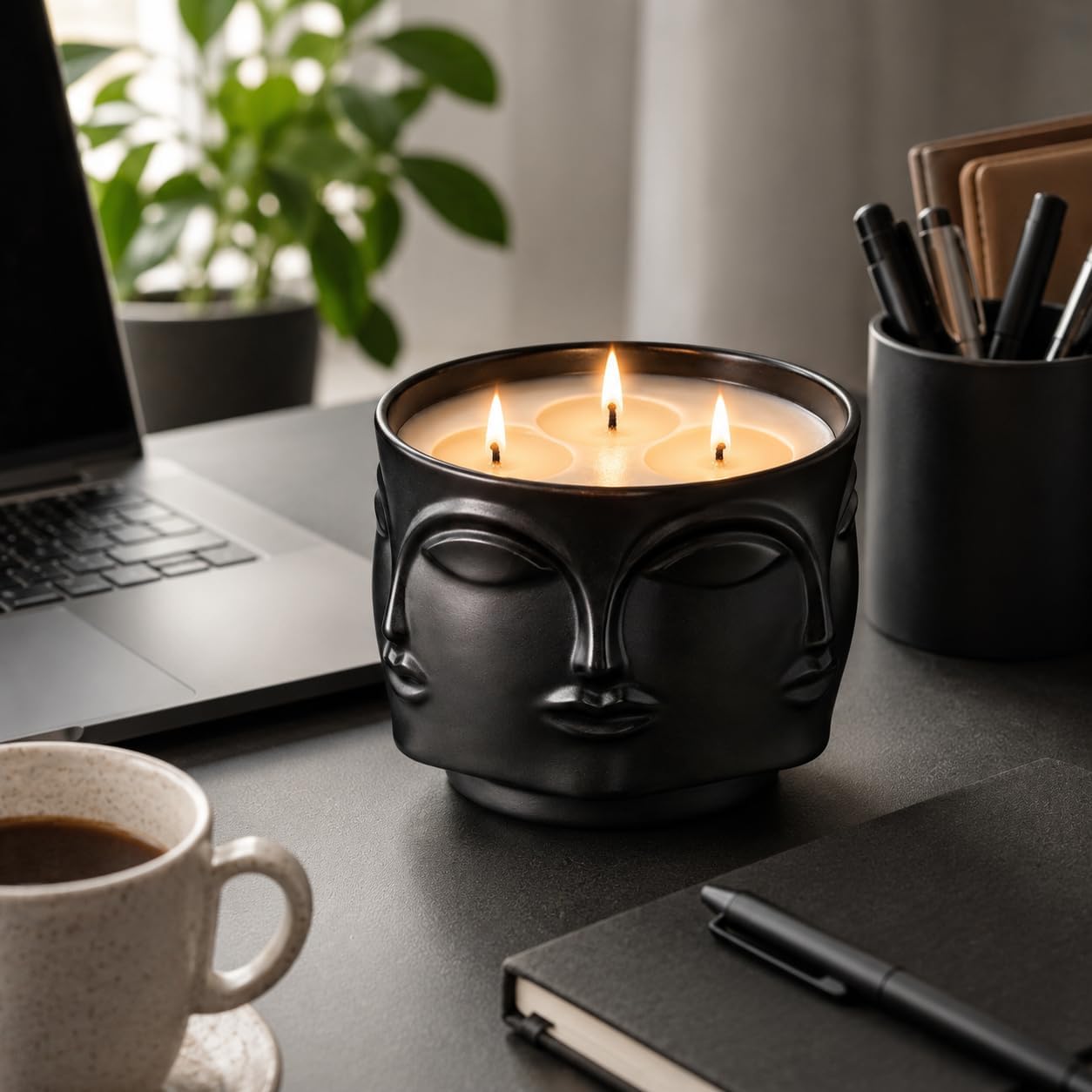 Viyffo 20oz Large Black Scented Candle – Vanilla Dreamscape & Amber Oud, 3 Wick Non Toxic Soy Candle, Matte Ceramic Jar, Luxury Home Fragrance, Modern Art Décor & Premium Birthday Gift for Men & Women