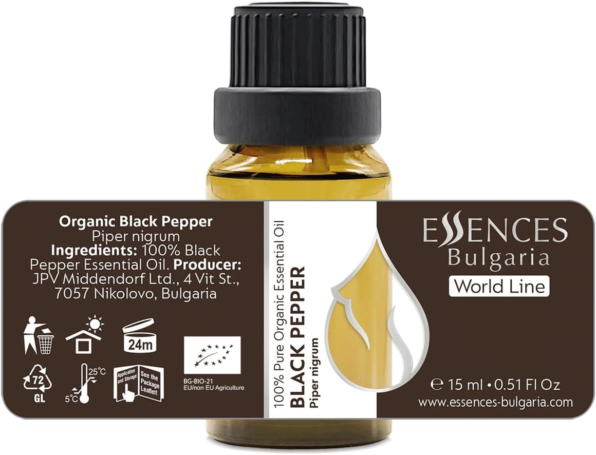 Essences Bulgaria Organic Black Pepper Essential Oil 0.51 Fl Oz | 15ml Piper nigrum - 100% Pure Natural Undiluted Therapeutic Grade for Aromatherapy Humidifier and Relaxing Massage to Ease Joint Ache