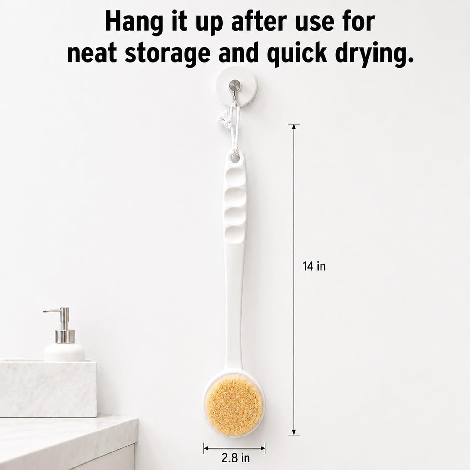Lequin 14-Inch Handle Bath Brush for Shower, Detachable Back Scrubber with Medium Firm Bristles,Wet or Dry Brushing Body Brush, Exfoliating Shower Scrubber for Back, Legs, Arms and Feet