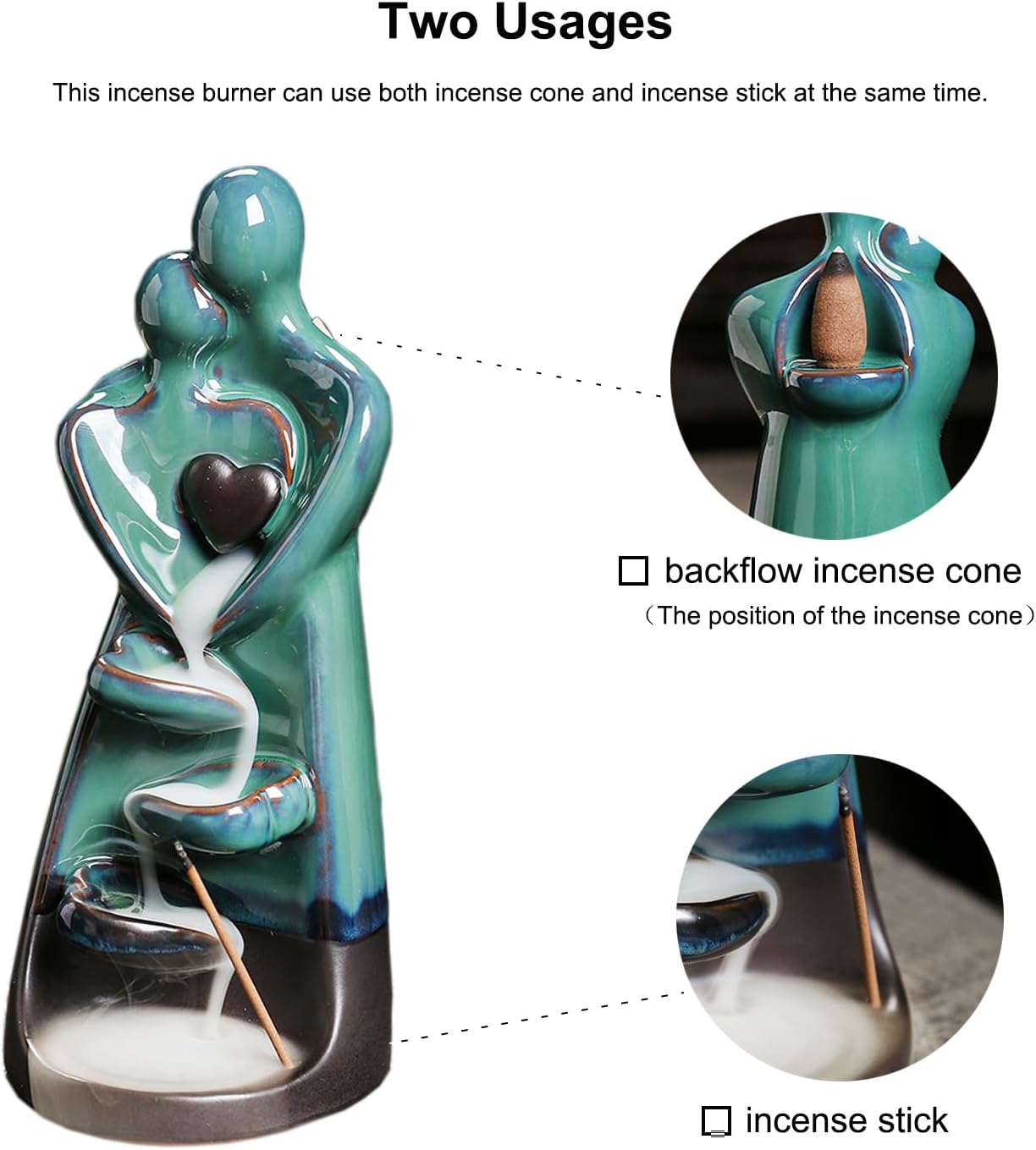 Ceramic Incense Holder, Creative Incense Waterfall Ornament, Backflow Incense Burner with 20 Cones + 30 Sticks, Zen Garden Yoga Meditation Home Decor
