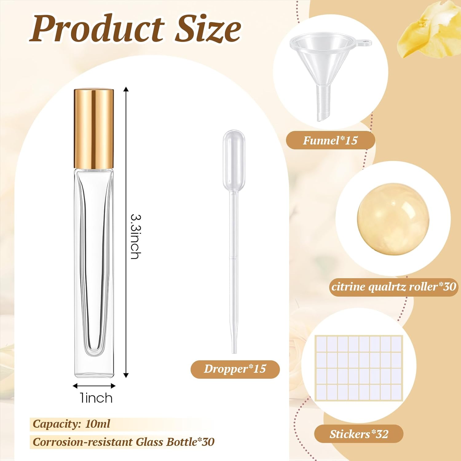 Domensi 30 Pack 10ml/0.34oz Citrine Crystal Roller Bottles for Essential Oils, Refillable Leak-proof Travel Perfume Roll on Bottles for DIY Aromatherapy, Skincare & Samples