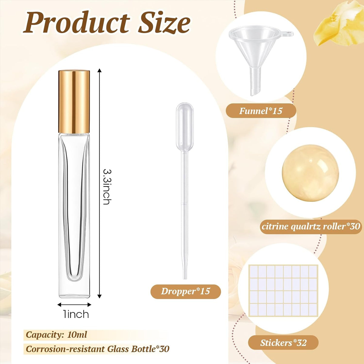 Domensi 30 Pack 10ml Citrine Crystal Roller Bottles for Essential Oils