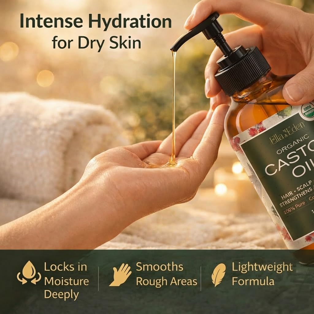 Ella & Eden USDA Organic Castor Oil – 100% Pure Cold Pressed Hexane-Free - Glass Bottle - For Hair Growth, Face, Eyelash, Skin, Stomach - Unrefined 16 Fl Oz