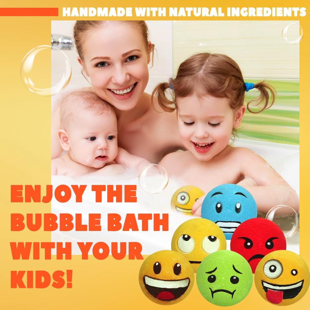 HZEX Large Emotion Face Bath Bombs Set of 6 – Fun Emoji-Inspired Spa Fizzies – Handmade with Shea Butter, Cocoa Butter & Essential Oils – Moisturizing Gift Set for Women, Men & Kids