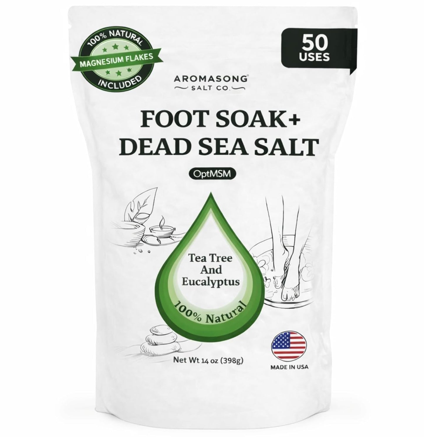 Aromasong Tea Tree Foot Soak with Dead Sea Salt & Magnesium Flakes – Refreshing Foot Bath Salts for Relaxation, Odor Control & Soft Skin (Packaging May Vary)