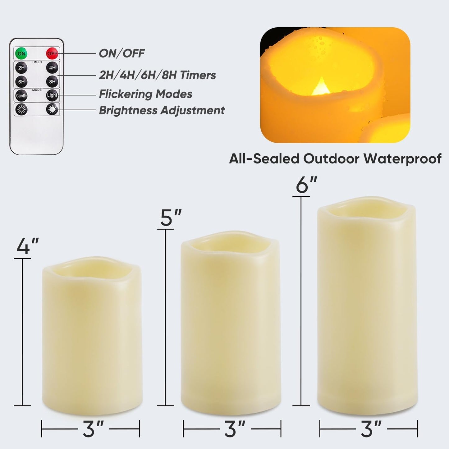 Homemory 9 Pack Flameless Candles, Outdoor Waterproof, Battery Operated LED Pillar Candles with Remote Control and Timer, Plastic, Long Lasting