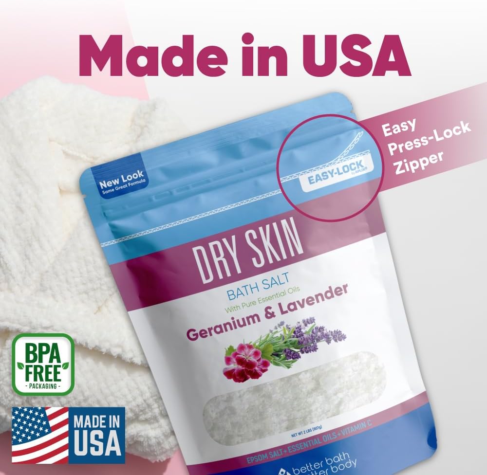 Dry Skin Bath Salt 32 Ounces (2 Lbs) Epsom Salt with Natural Geranium and Lavender Essential Oils Plus Vitamin C in BPA Free Pouch with Easy Press Lock Seal Made in USA