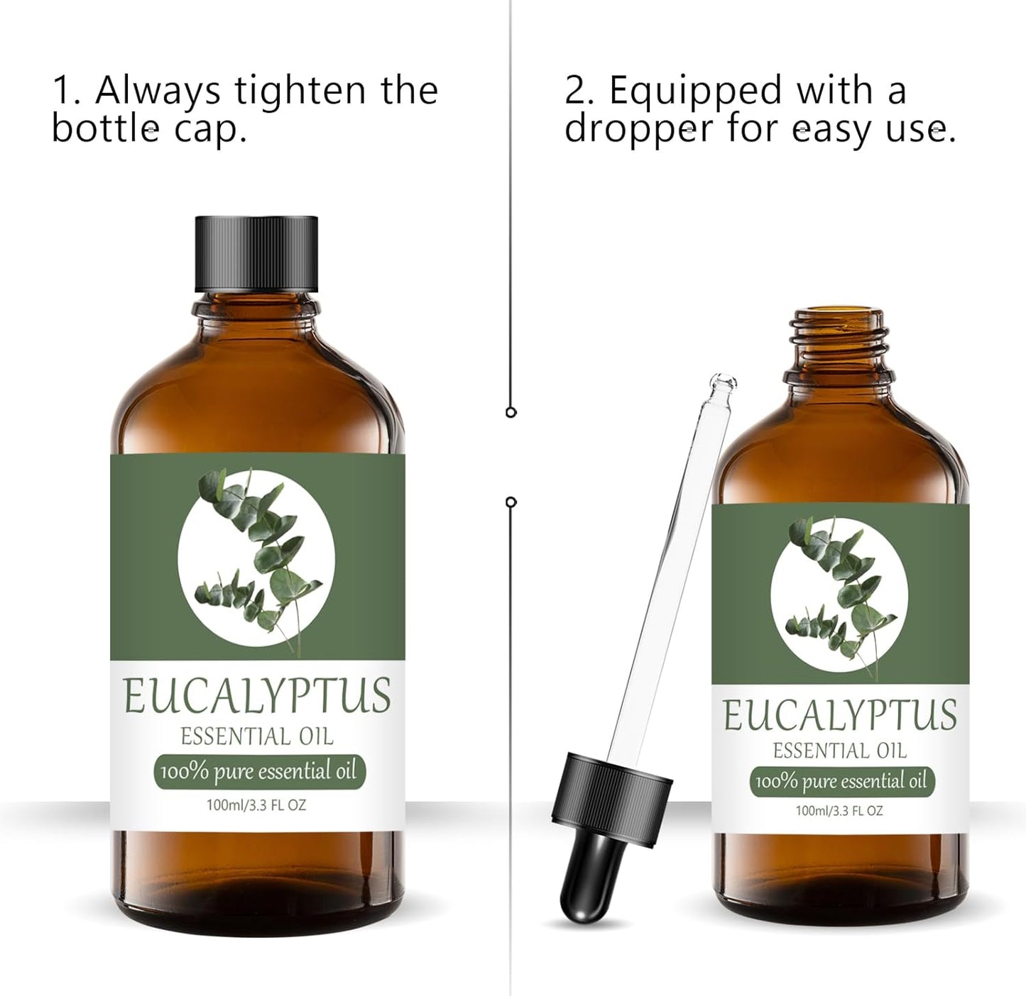 Eucalyptus Essential Oil 100% Pure & Natural Organic (3.3 Fl. Oz) for Humidifiers, Skin Care, Massage, Aromatherapy, Premium Delicate Grade with Glass Dropper for Air Freshening, Cleaning, Home