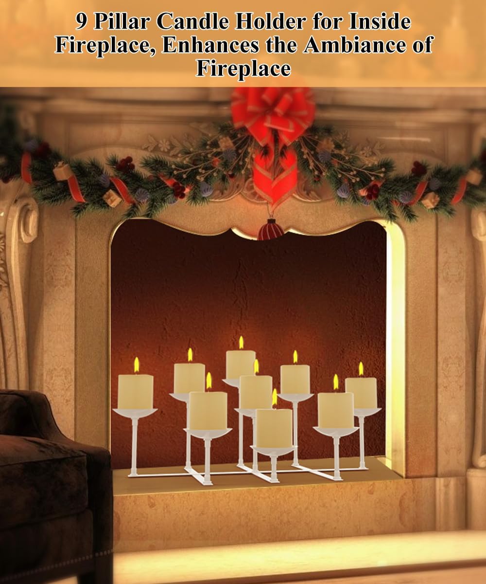 Fireplace Candle Holder with 9 Wax Pillar Plates, Candelabra Floor Mantle Iron Candles Stand for Inside Fire Place Decor Table Centrepiece Wedding Party Advent Decoration, White