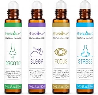 Aromatherapy Oils Roller Set, Natural Pre-diluted Essential Oils Roll On with Glass Rollerball, Relaxation Gift for Women & Men, Christmas Gift, Pack 4 x 0.33fl.oz