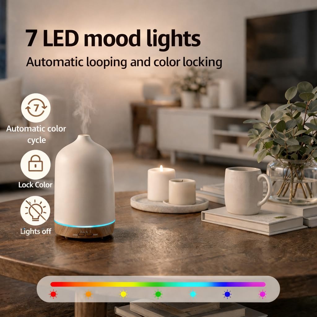 200ml Aromatherapy Diffuser with 7 Soothing Colors, Ultra-Quiet Operation, Auto Timer, and Humidifier for Restful Nights