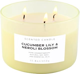 Cucumber Lily Neroli Blossom Candle | 3-Wick Large Soy Candle 15.8 oz | Fresh Cucumber Aromatherapy Candle for Women | Calming Floral Citrus Spa Scent | Long Lasting Clean Burn