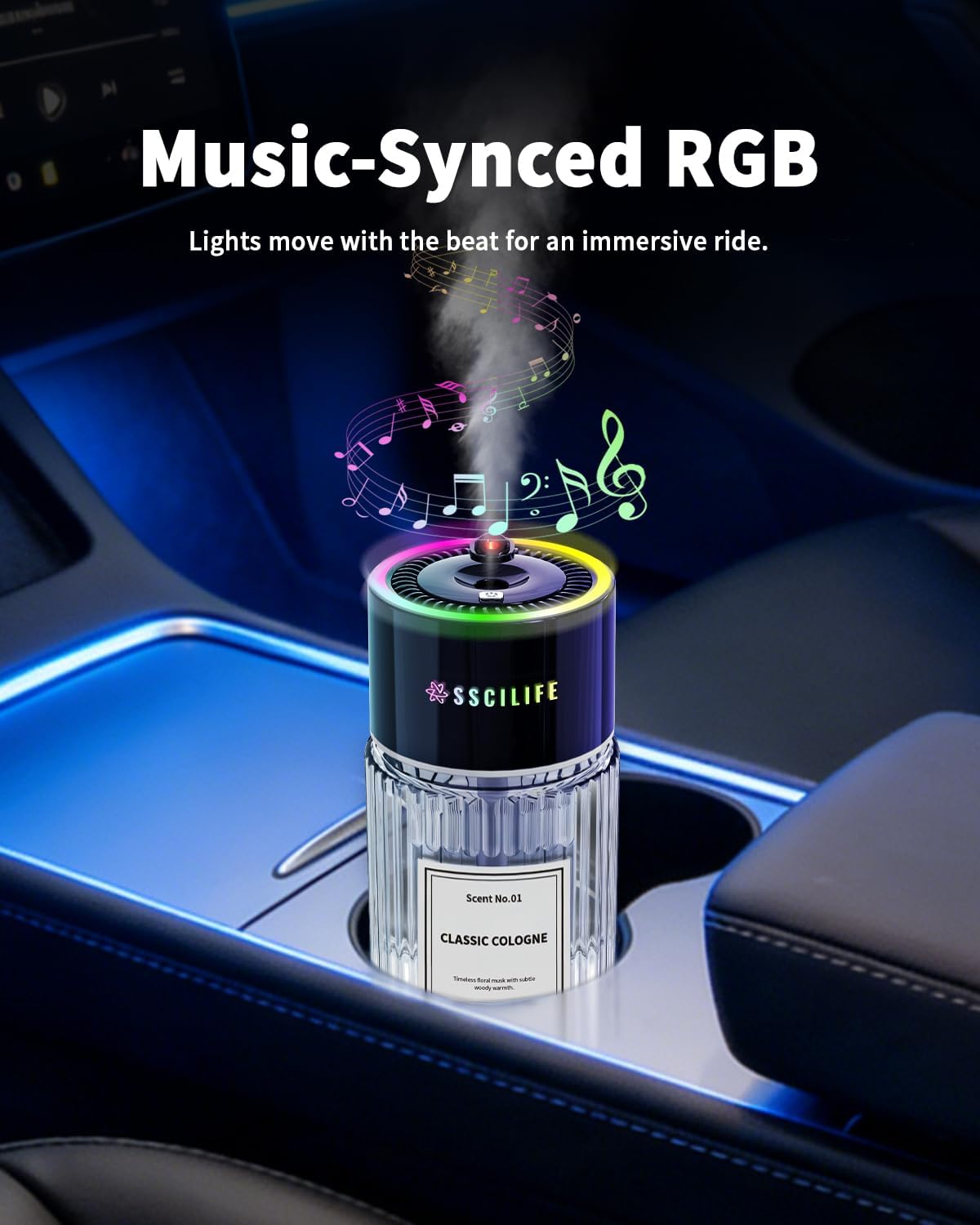 Smart Car Air Freshener Diffuser, Auto On/Off Car Aroma Diffuser, 4 Mist Modes, 120ml Rechargeable Oil Freshener, RGB Music Sync Light, Star Light, Up to 120 Days Use-Classic Cologne Scent
