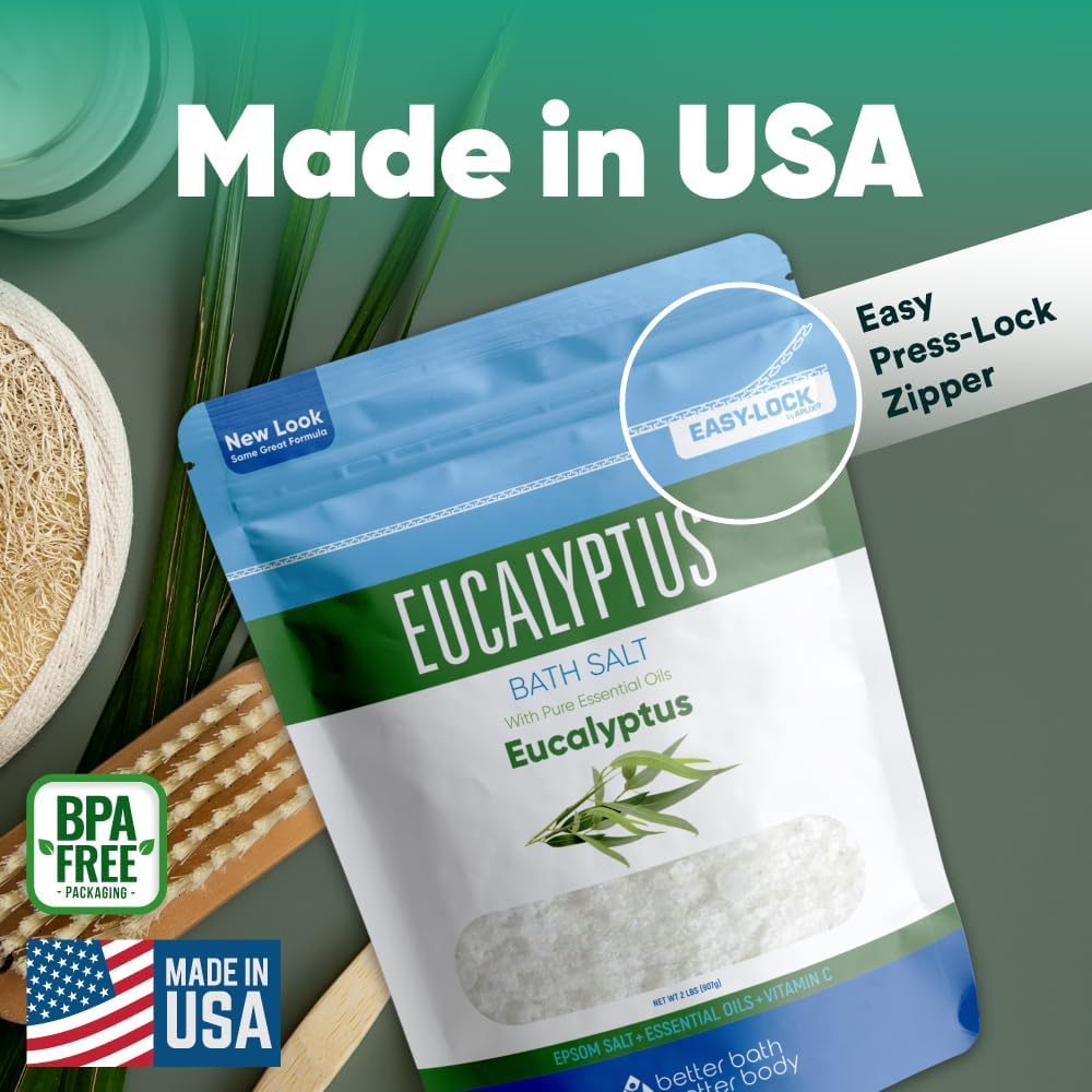 Eucalyptus Bath Salt 32 Ounces Epsom Salt with Natural Eucalyptus Essential Oil Plus Vitamin C in BPA Free Pouch with Easy Press-Lock Seal