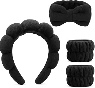 Spa Headbands for Washing Face, Makeup and Skincare. 4 Pc Set of Skin Care Head band with Wristbands. Puffy Terry Cloth, Non Slip Get Ready Hairband for Women, Teens, Girls. Cute Hair Accessories.