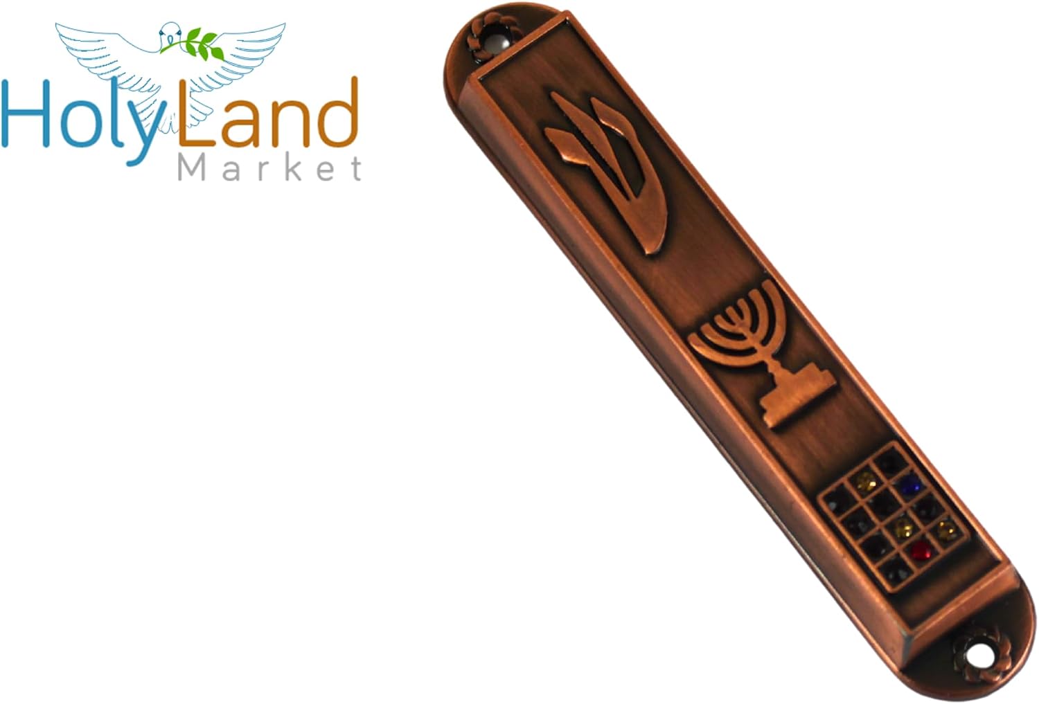 Holy Land Market A Set of 5 Clean and Smooth Cut Mezuzahs Symbols with Different enameled Themes. Each is About 3.5 Inches and Comes with Scrolls and Screws for Hanging (Copper)