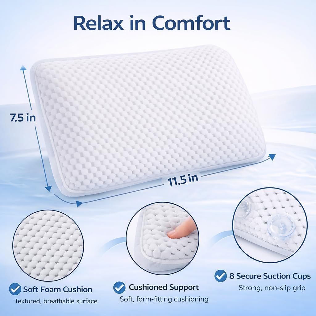 Bath Pillow for Tub with 8 Suction Cups and Drying Hook, Non-Slip Bathtub Headrest Foam Cushion, Waterproof, 11.5 x 7.5 x 2 Inches