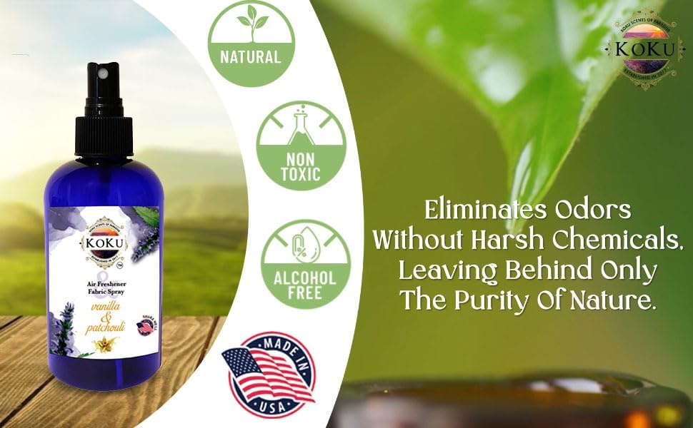 Vanilla Patchouli Air Freshener - Room Spray - Odor Eliminator - Deodorizer - Car Air Freshener - Home Spray - Linen Spray - Fabric Refresher - Non-Toxic - Alcohol Fee - Made in USA (8 Oz)