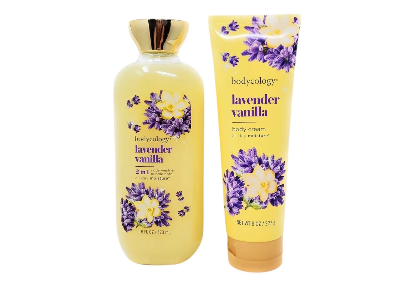 Lavender Vanilla 2 in 1 Body Wash & Bubble Bath 16 fl oz & Lavender Vanilla Butter Body Cream 8 oz (Pack of 2)