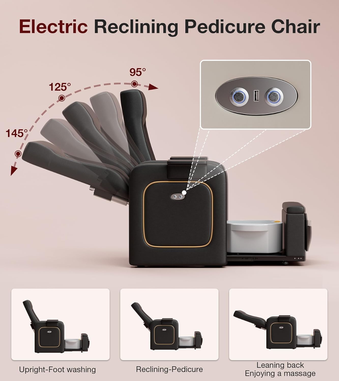 VARONXE Electric Pedicure Chair No Plumbing, Recliner Sofa with Massage for Foot Bath, Pedicure Station for Foot Spa with Tool Pouch for Small Spaces, Black