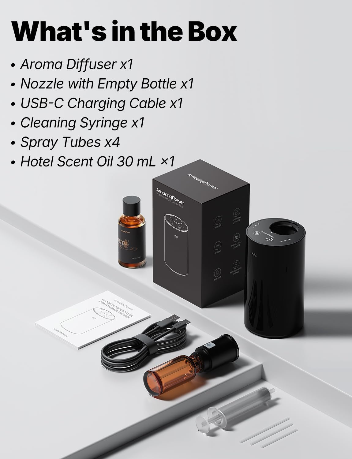 Waterless Essential Oil Diffuser Starter Kit with 30mL Hotel Fragrance Oil Inspired by Ritz-C., Battery Operated Mini Scent Diffuser, Portable Aromatherapy Diffuser for Home, Car, Office (Black)