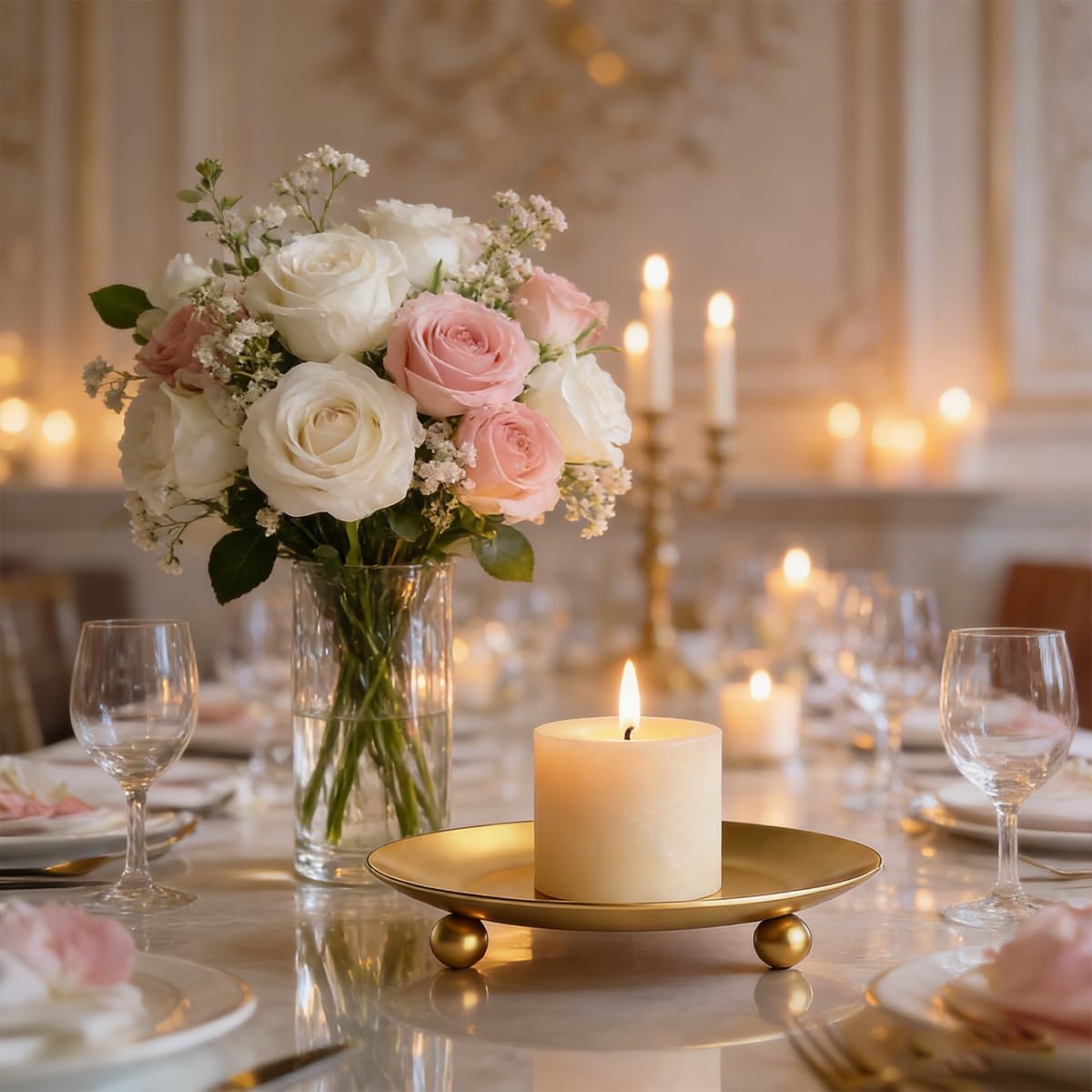 Iron Plate Candle Holders, Gold Candle Tray, Set of 2, Candle Stands Decoration Ideal for Weddings, Parties,Special Events