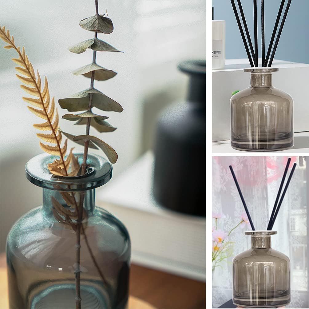 Glass Diffuser Bottles Empty Refillable Glass Container Jar 150ml / 5oz Fragrance Accessories DIY Replacement Diffuser Sticks Sets for Essential Oils Reed Sticks Crafts Spa Home Decoration (Dark Grey)