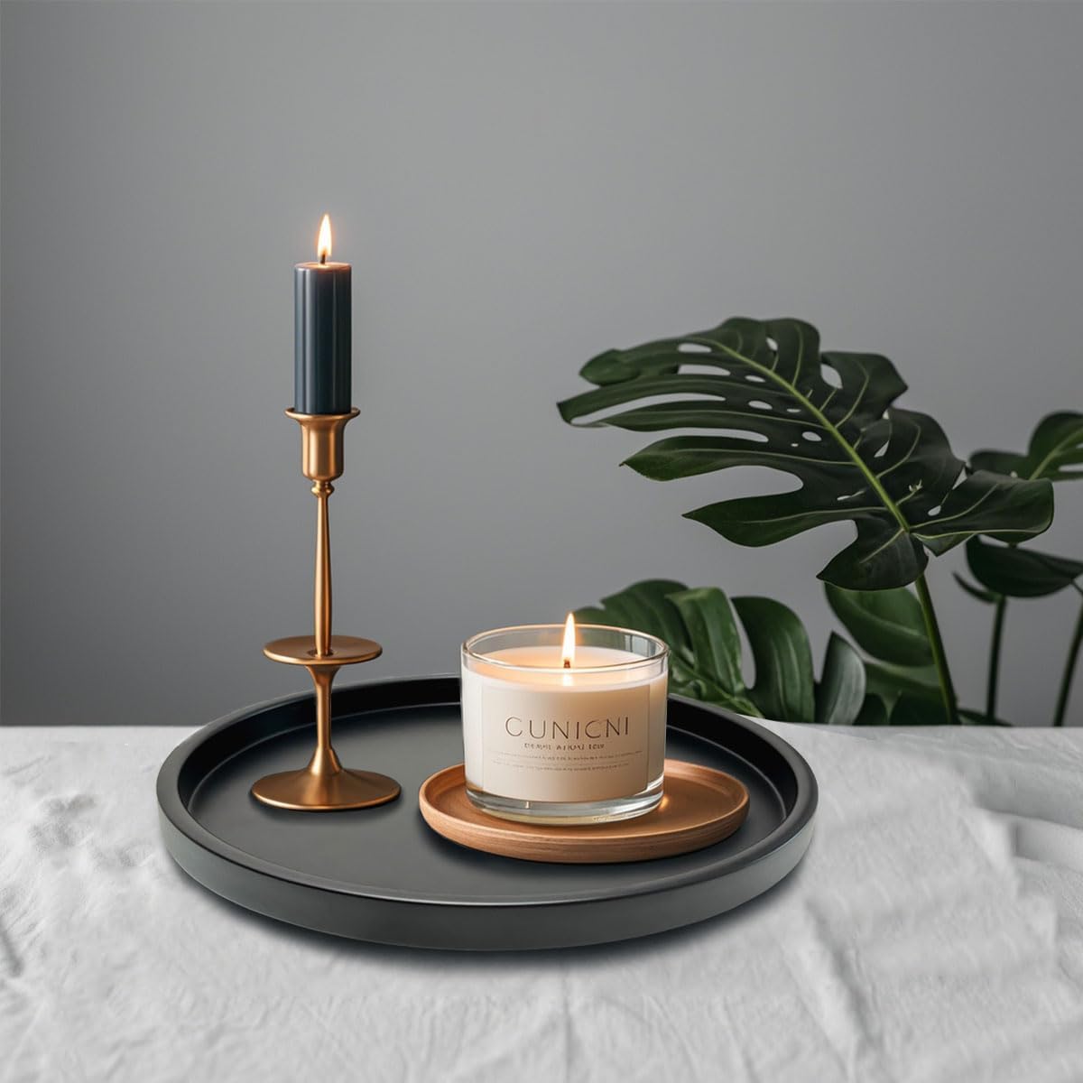 Round Black Metal Candlestick Tray, Decorative Serving Tray, Candle Holder Tray for Wedding Table, Dinning Table Decorations(11.5 inches)