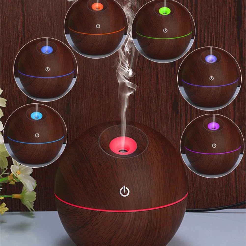 Portable USB Essential Oil Diffuser 130ml Ultrasonic-Humidifier with Colorful Lights Wood Grain Aromatherapy Mist Maker for Home Office Car Travel Relaxation Aromatic Therapy Air(Light wood grain)