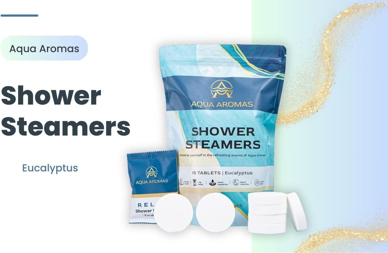 Aqua Aromas Shower Eucalyptus Steamers - Aromatherapy Shower Bombs with Essential Oils, 15 Count - for Relaxation, Invigoration, Stress Relief & Wellness - Spa-Like Experience
